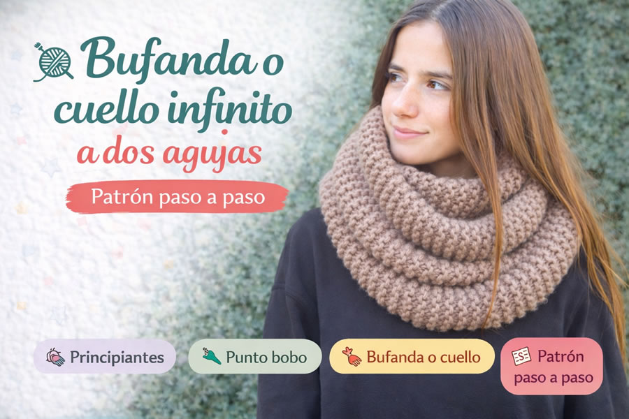 Bufanda o cuello infinito a dos agujas en punto bobo para principiantes