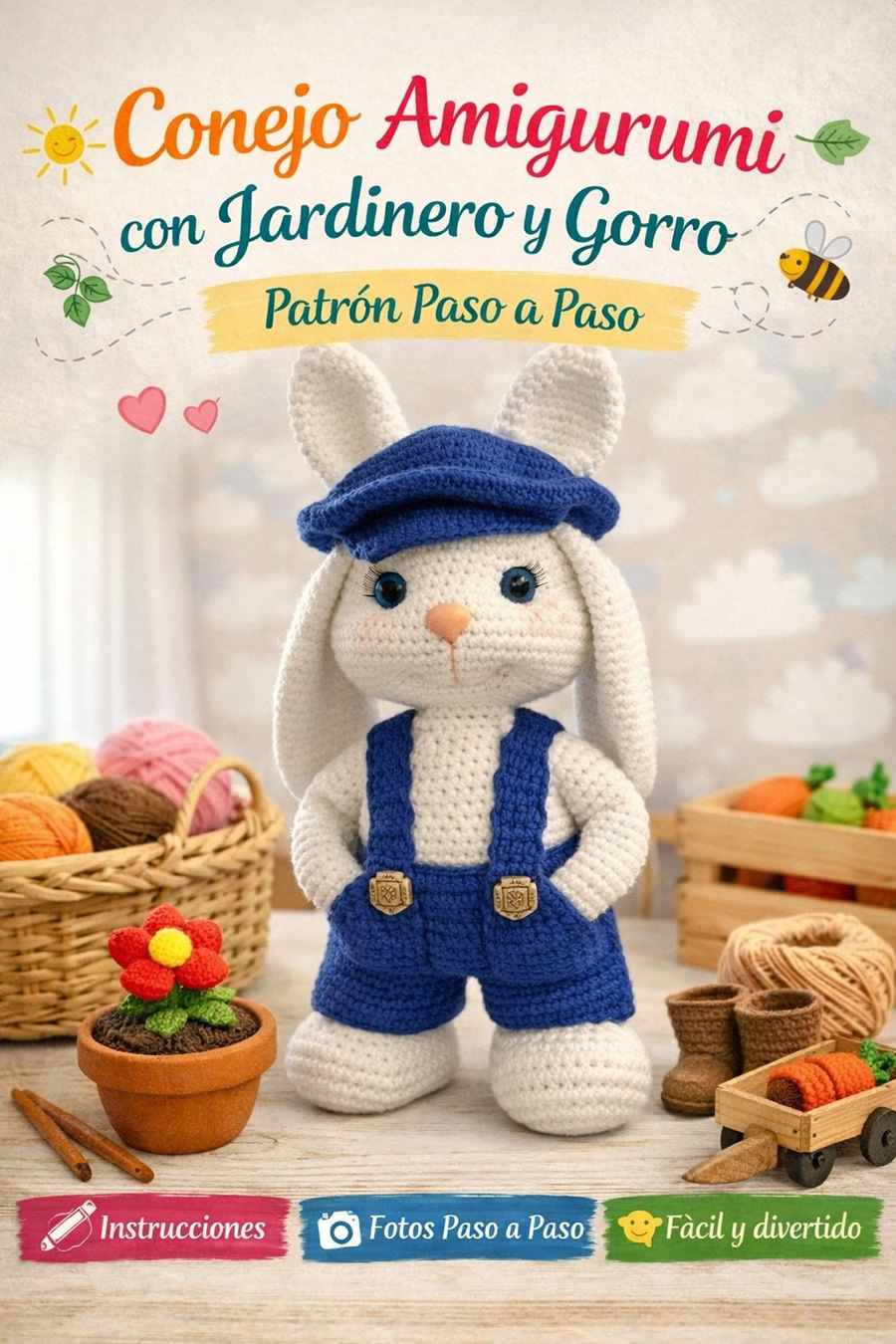 Conejo Amigurumi con Jardinero y Gorro