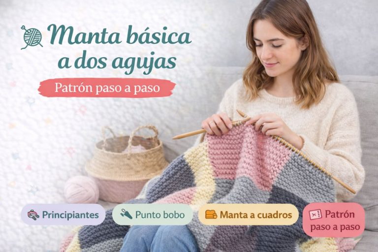 Manta a cuadros tejida a dos agujas en punto bobo