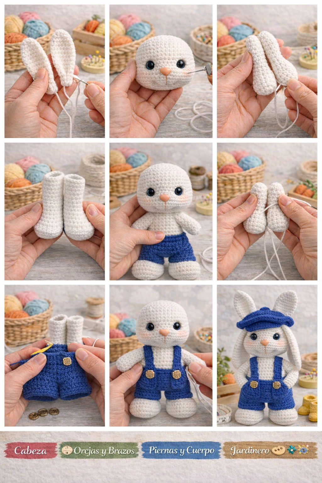 Partes del conejo amigurumi con peto y gorra.