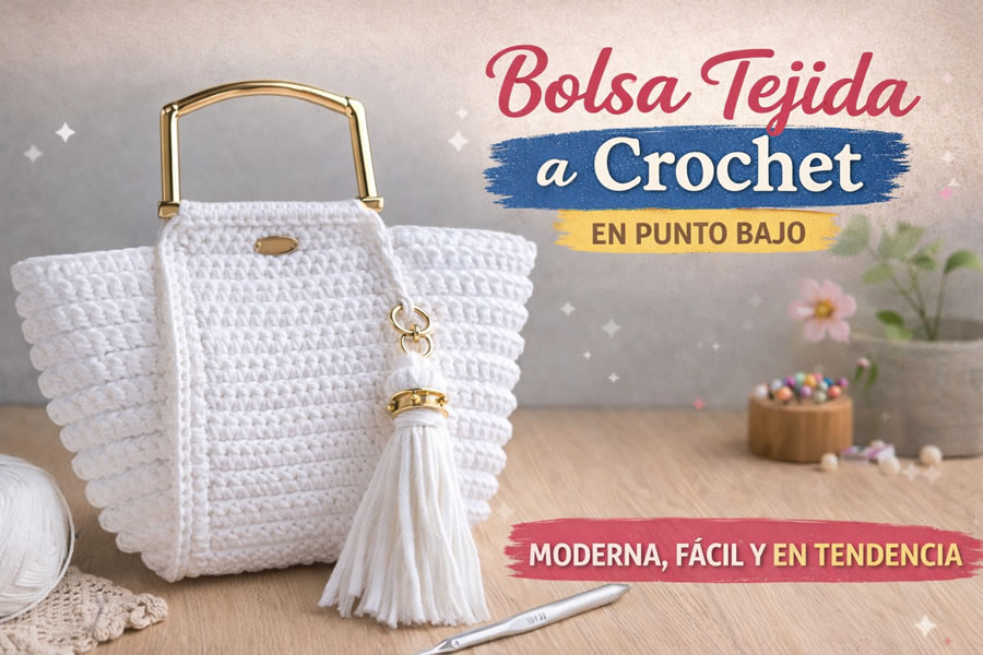 Bolsa tejida a crochet en punto bajo con volantes laterales