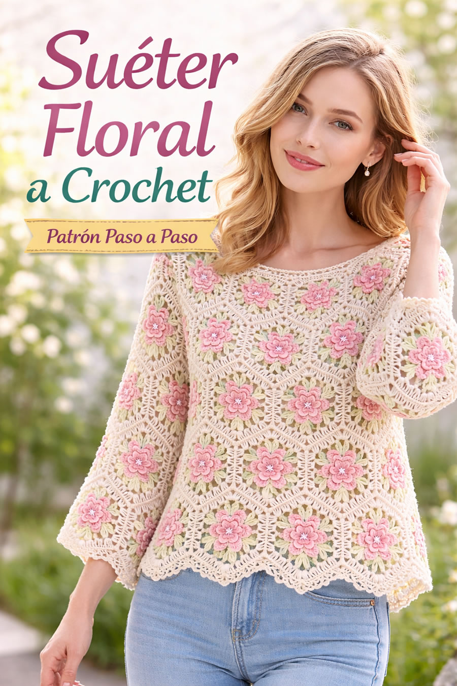 Suéter floral de rosas a crochet tejido con hexágonos paso a paso
