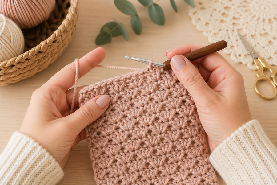 Mano tejiendo crochet con aguja y punto de textura visible